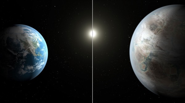 美國國家航太總署(NASA)23日宣布,克卜勒太空望遠鏡在太陽系外發現一個近似地球、推斷適合人類居住的行星「克卜勒452B」。圖為地球(左)與克卜勒452B(右)的比較概念圖。(法新社)