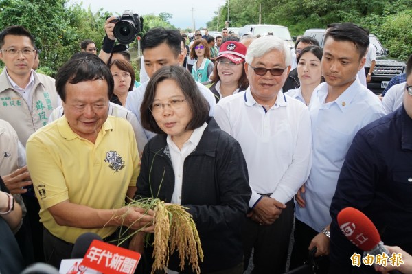 農民手泡水後發芽的稻穗向總統蔡英文陳情。(記者詹士弘攝)