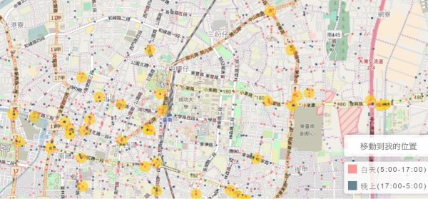 「用數據看台灣」分析台南危險路段,黃色圓圈代表肇事熱點。(記者邱灝唐翻攝)