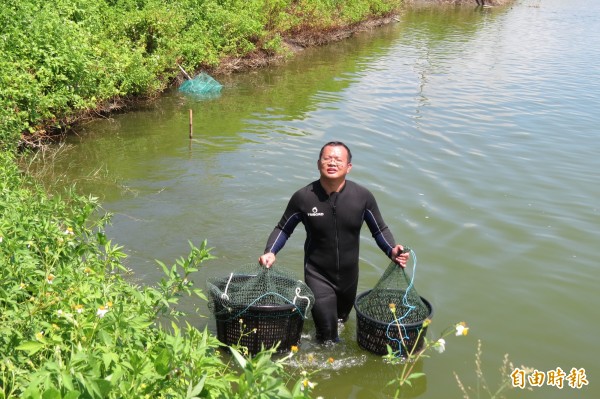 郭言良利用下班時間在租來的魚塭養草蝦，要幫家裡被拍賣掉的魚塭再賺回來。（記者蔡文居攝）
