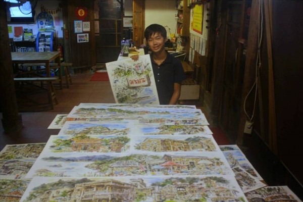 18歲高中生林祐德以繪畫換宿,1個月來,旅遊足跡已經走過南竿、北竿:林祐德希望自己能在馬祖畫出百幅畫作,紀錄馬祖美景。(記者俞肇福翻攝)