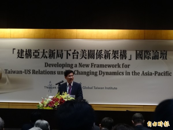 林佳龍出席「台灣智庫」以及美國「全球台灣研究中心」所共同舉辦的台美智庫國際論壇。(記者蘇芳禾攝)