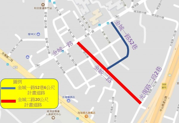 新竹市金城二路通往光復路的新闢道路預計10月底完工，將可紓解竹科園區和光復路的車潮。（路線圖由新竹市府提供）