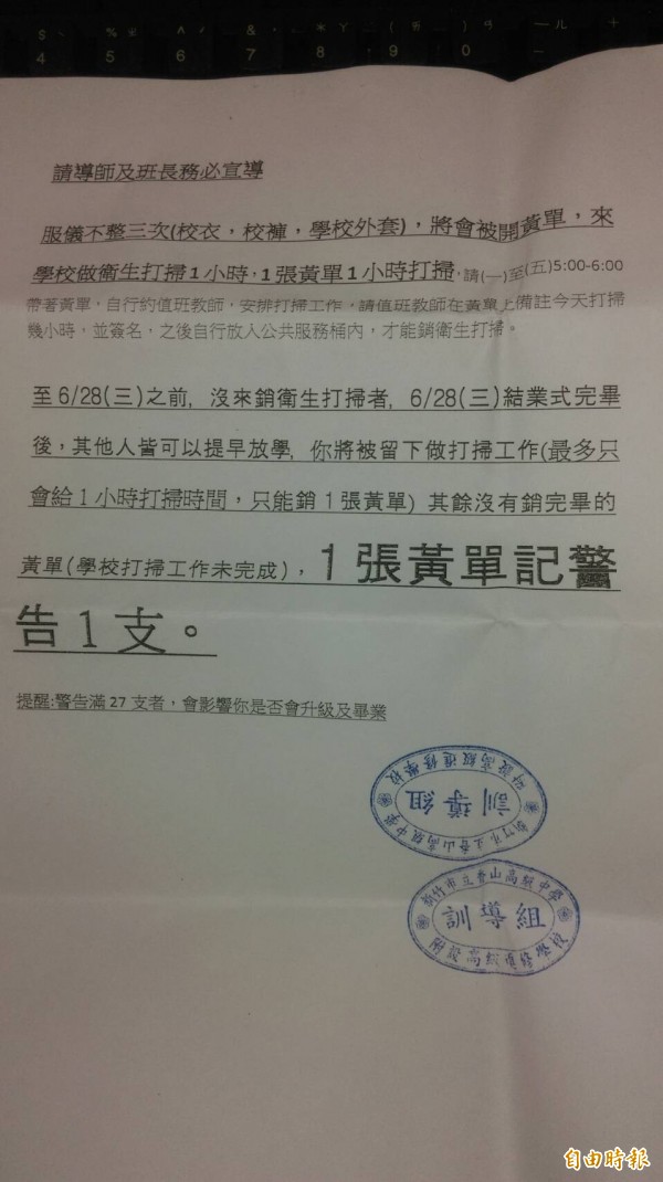 新竹市香山高中進修部學生投訴指稱只要服裝不符規定就會被記點，三次就會收到黃單，但黃單學期末無法銷就得被記警告，質疑學校管太多，也未讓學生能做服務學習。（記者洪美秀攝）