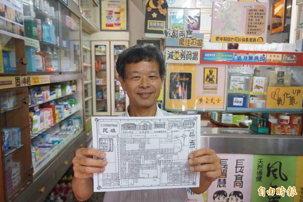 嘉義縣民雄鄉七星藥局藥師59歲藥師吳嘉文,手繪「公元1970年代民雄職業別明細圖」,重現昔日民雄街區戲院、酒家、小吃攤林立的場景。(記者曾迺強攝)