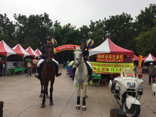 高市騎警隊兩匹駿馬吸引現場民眾目光。（記者蔡清華翻攝）