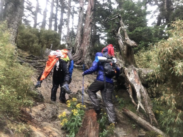 搜救人員揹梁姓女子下山。（記者李忠憲翻攝）