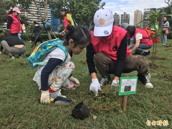 國際扶輪3522區今早於淡水公八防災公園舉辦植樹活動，超過500人用愛心灌溉原生植物。（記者葉冠妤攝）