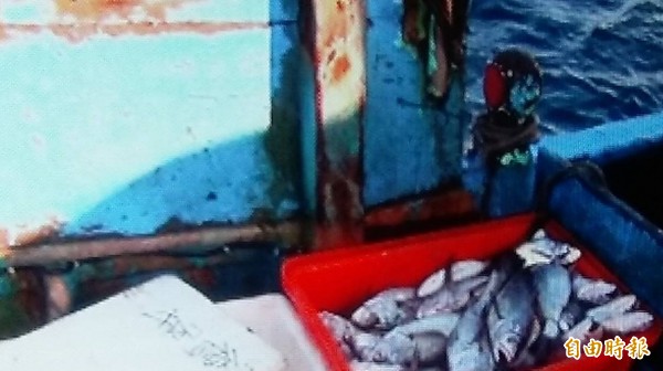 這艘漁船在小琉球3海里內被查獲使用刺網捕魚，船上可見滿滿的漁獲。（記者陳彥廷翻攝）