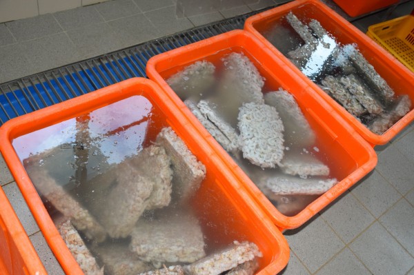 檢警當場查獲業者將逾期沙蝦仁原料解凍。 （記者陳文嬋翻攝）