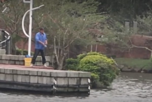 釣客在龍潭觀光大池旁猛力扯動釣竿，疑似正在「挫魚」。（取材自徐玉樹臉書）