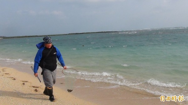 澎湖海洋生物研究中心研究員冼宜樂,巡視海邊凍死魚情形。(記者劉禹慶攝)