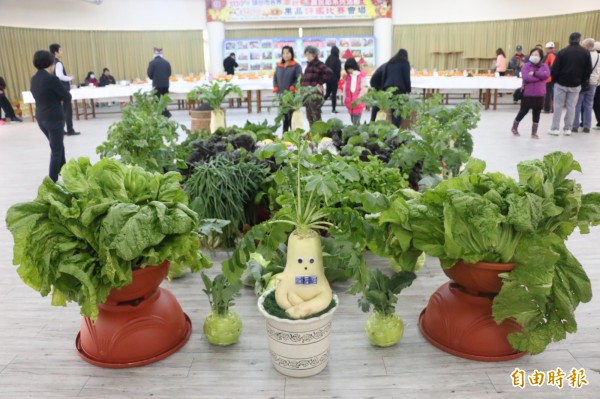 頭份市農會展出優秀農民種植的各式特色農產品。（記者鄭名翔攝）