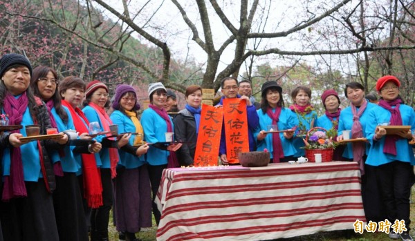 南投縣九族櫻花祭之櫻花茶會活動，魚池鄉長陳錦倫夫人王秋淑（左7）與茶師們，一起為台灣、花蓮祈福。（記者謝介裕攝）