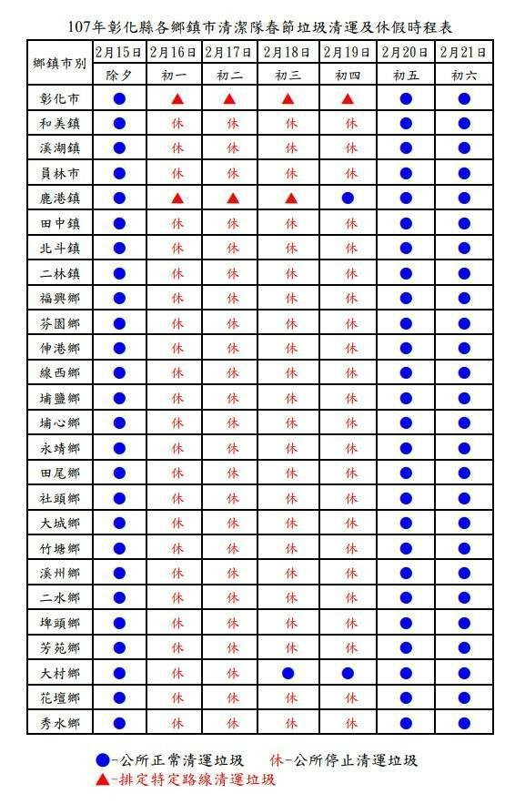 彰化縣春節期間各地垃圾清運一覽圖。（記者劉曉欣攝）