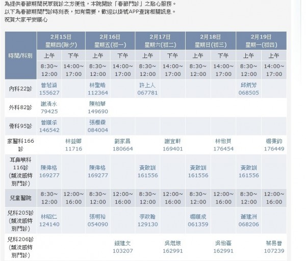 彰化基督教醫院、兒童醫院的春節門診表。（取自彰基官網）