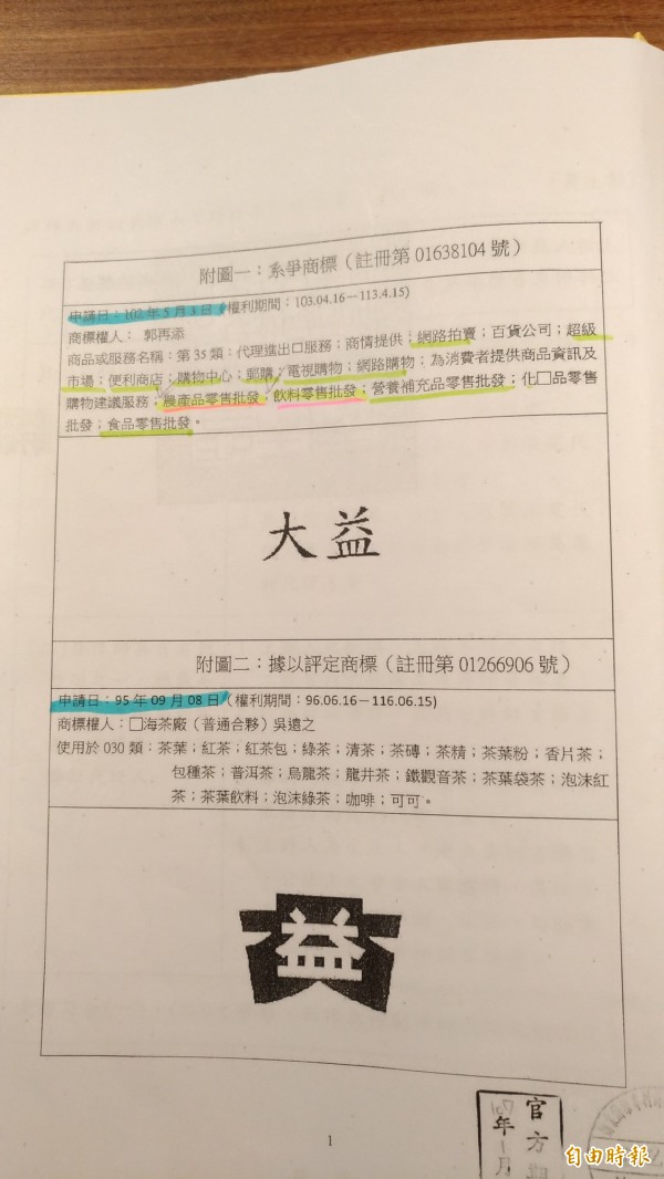 上為郭再添註冊的大益商標，下為中國大益集團商標。（記者吳政峰攝）　