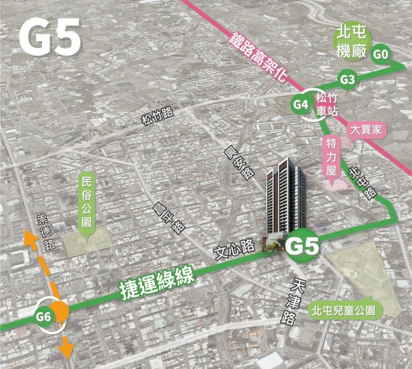 捷運綠線北屯G5站區位環境示意圖。（台中市交通局提供）