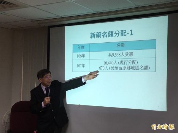 衛福部健保署長李伯璋說明C肝口服新藥納入健保提供名額的情況。（記者林惠琴攝）