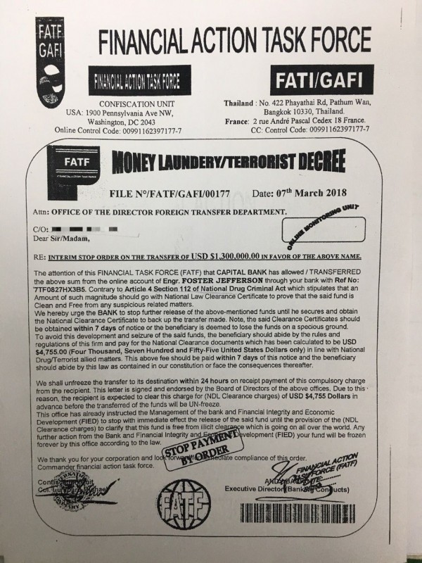 署名給張女130萬美元的「FATF防制洗錢金融行動小組」獲利證書也是假的。（記者蔡彰盛攝）