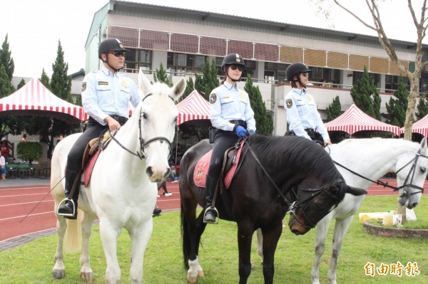 新北市騎警隊派出六批駿馬，參加成福國小校慶。（記者邱書昱攝）