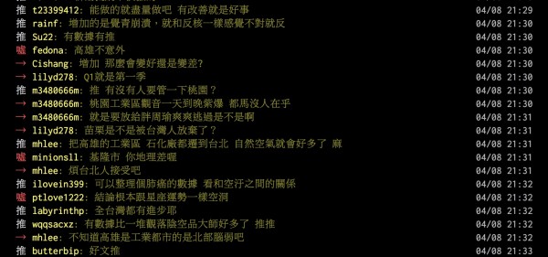 環保署「環境資源資料庫」清楚的數據帶起熱烈討論，文章一下就被推爆。（擷取自ptt）