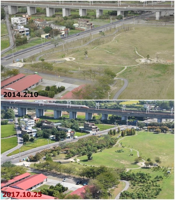 高鐵食物森林基地樹木，在梧桐基金會長期養護下變得更為健康茂盛。圖為對比圖。（梧桐基金會提供）