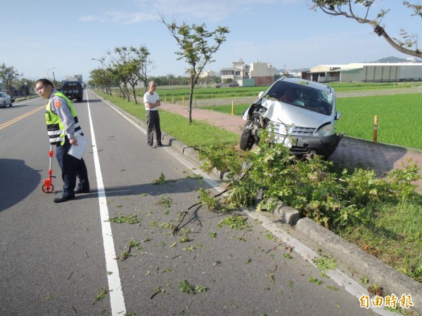 邱女駕小客車逆向衝上人行道上，路樹被撞倒，車頭受創嚴重。（記者張勳騰攝）