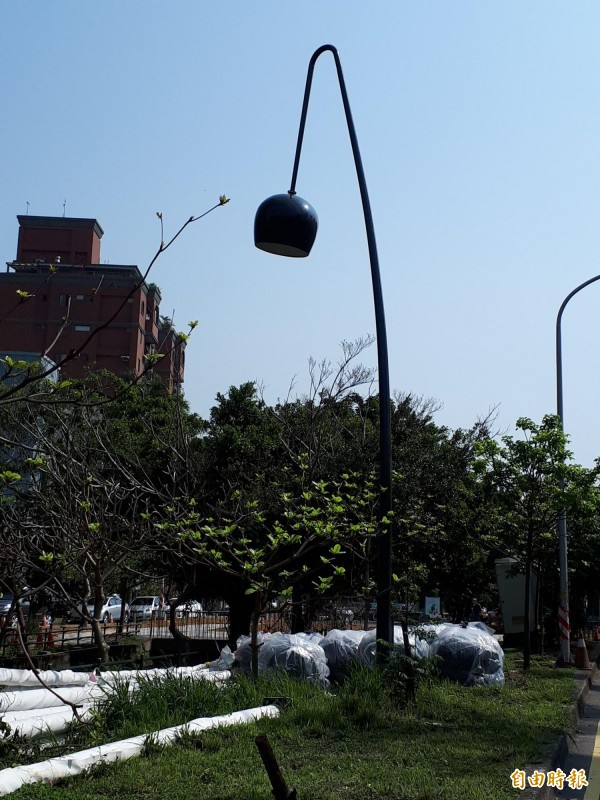 新竹市隆恩圳景觀改造工程高9公尺的月亮型路燈，讓人很有不安全感，還被認為是「燙髮的頭罩式路燈」，與景觀不太搭。（記者洪美秀攝）