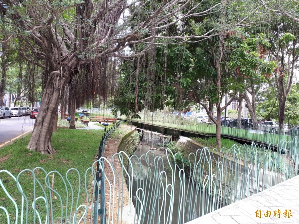 新竹市隆恩圳改造工程的不規則水草欄杆，數量多又複雜，民眾認為根本眼花撩亂，頗有壓迫感。（記者洪美秀攝）
