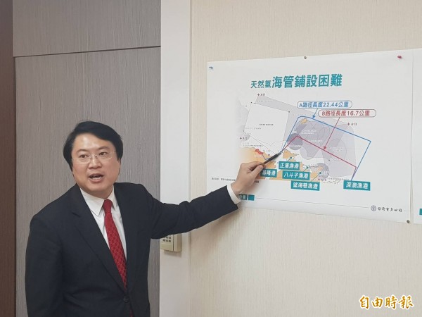 基隆市长林右昌今天下午召开临时记者会,向媒体记者说明,不管从陆路或是海路,输送天然气到深澳电厂,将对基隆市区开肠破肚,他相信,不管谁当市长,都不会同意。(记者俞肇福摄)