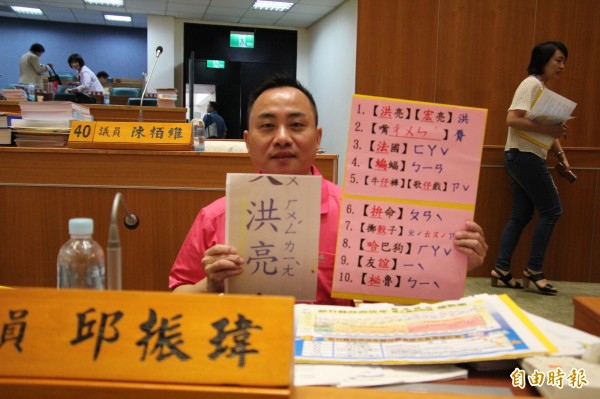 新竹縣無黨籍議員邱振瑋總質詢列出10個中文字如何寫或如何讀,要縣府官員秒問秒答,藉此提醒教育處協助全縣家長如何面對教育部這樣的「文字獄」。(記者黃美珠攝)
