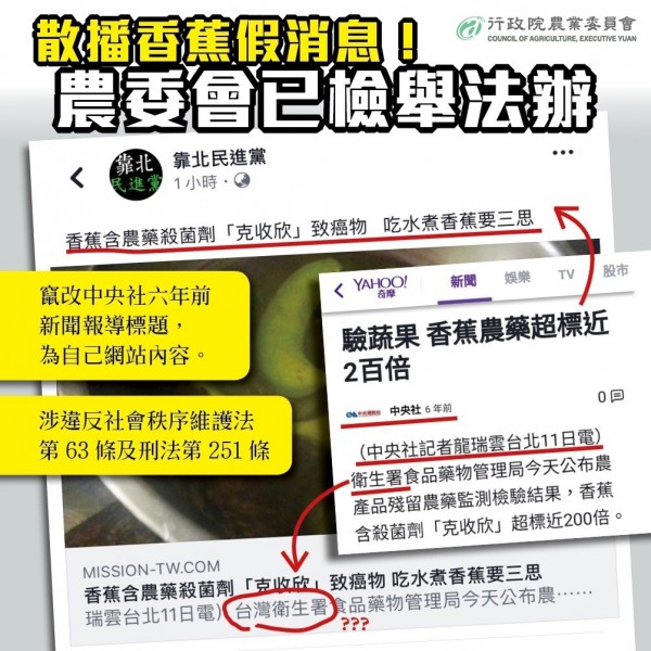 臉書粉絲專頁「靠北民進黨」貼出6年前舊聞,指「香蕉含農藥殺菌劑『克收欣』致癌物,吃水煮香蕉要三思」,農委會截圖函送台北市警察局中正二分局依法偵辦。(農委會提供)