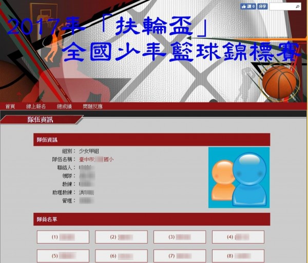 洪姓助理教練性侵猥褻女籃球隊員，圖為他在案發前不久，帶隊參加籃球賽的網路報名表。（記者張瑞楨翻攝自網站）