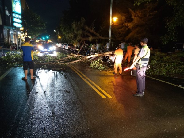 水林、口湖等地昨天下午起狂風暴雨多處路樹倒塌、停電，北港分局員警冒雨移樹及交管。（記者黃淑莉翻攝）