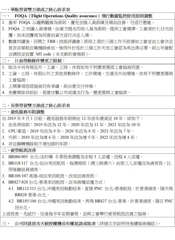 華航、長榮機師與兩航資方已初步達成核心訴求共識。（機師工會提供）