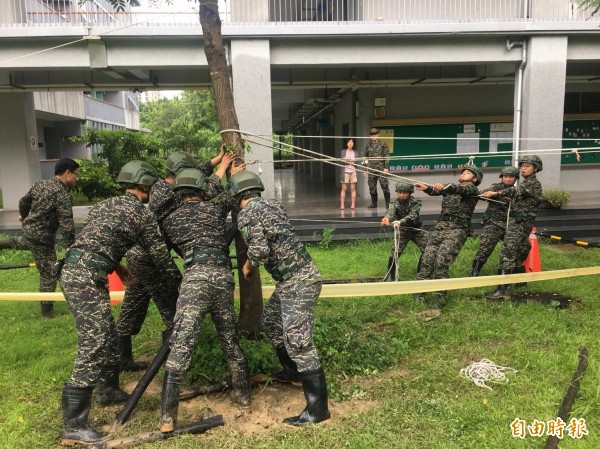 海陸官兵固定校園樹木。（記者洪定宏攝）