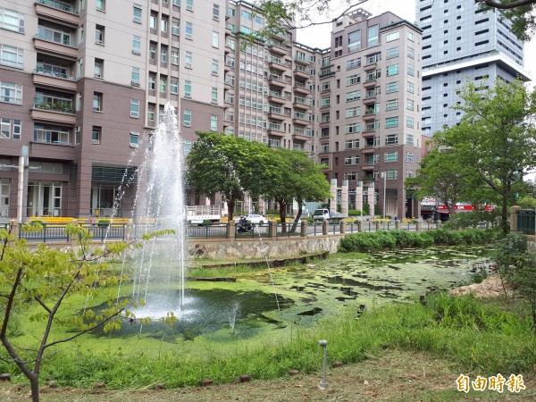 新竹市百年新竹公園因進行跨域亮點工程，綠藻增生情況多，經市府進行生物處理工程後，綠藻增生情況已趨緩。（記者洪美秀攝）