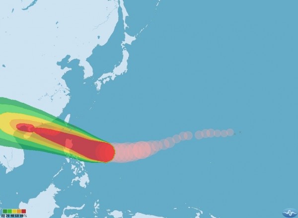 山竹路徑南修，估暴風圈恐擴大到300公里影響台灣南方海域。（翻攝自氣象局網站）