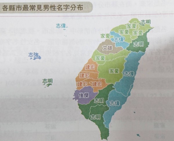 全台灣有1萬4208個家豪，男性取名「家豪」在新北市、台北市、桃園市、台中市、南投縣、新竹市六個縣市排名第一。圖為各縣市最常見男性名字分布。（記者陳鈺馥翻攝）