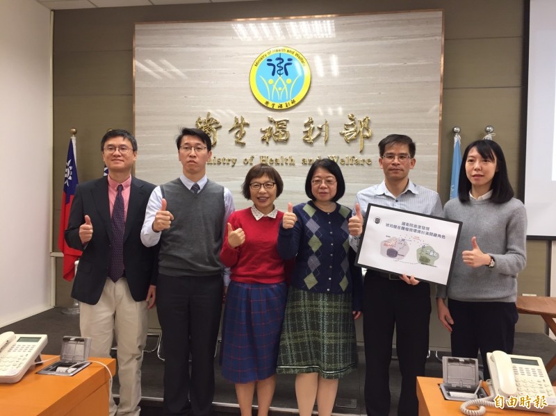 國衛院研究團隊揭開琥珀酸影響癌症生長的關鍵。左起依序為三總許育瑞醫師、黃才旺醫師、國衛院吳秀英主秘、細研所林秀芳所長、郭呈欽副研究員、吳京穎博士。(記者吳亮儀攝)