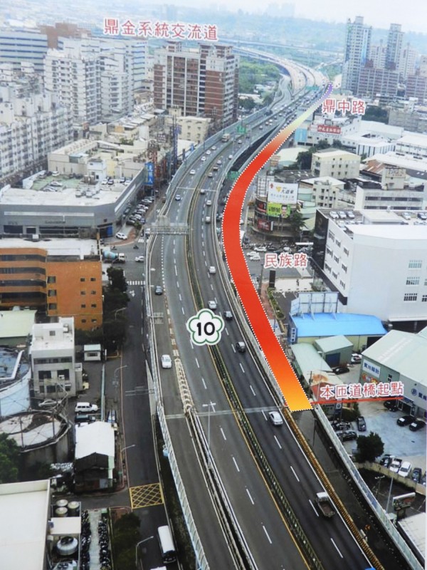 「國道1號鼎金系統交流道改善國10東向銜接國1北上匝道工程」(紅線處),全長約1.12公里。(記者葛祐豪翻攝)