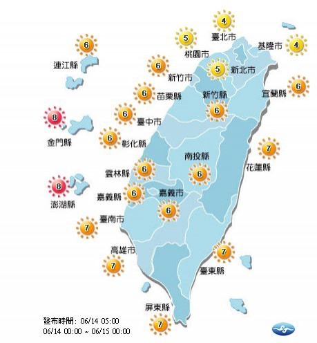 今日各地紫外線預報概況。(圖擷取自中央氣象局)
