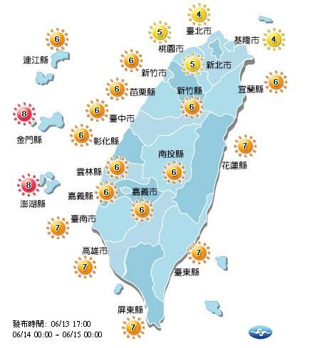 北部為中量級,中南部跟連江縣為高量級,澎湖縣跟金門縣則為過量級。(圖擷取自中央氣象局)