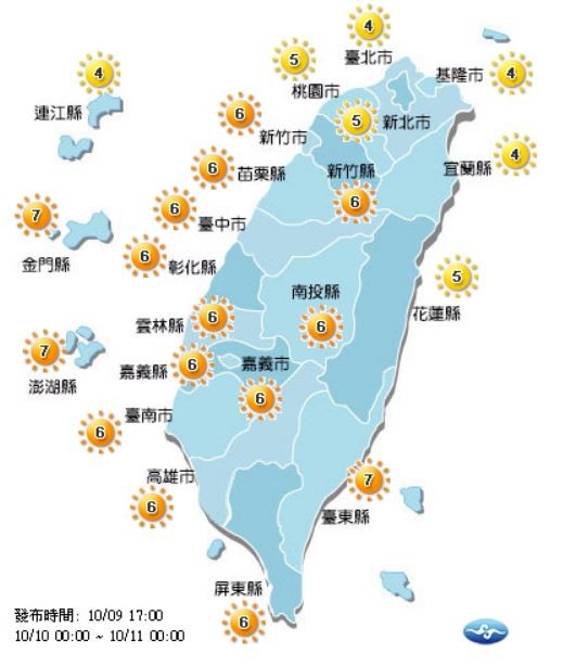 明天有7個縣市的紫外線指數達中量級、15個縣市為高量級。(圖擷取自中央氣象局)