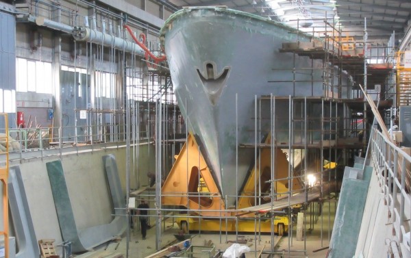 檢方追查慶富利用建造獵雷艦詐貸63億多元,僅花2.5億元用於獵雷艦建造。圖為位在義大利的首艘獵雷艦船身。(資料照)