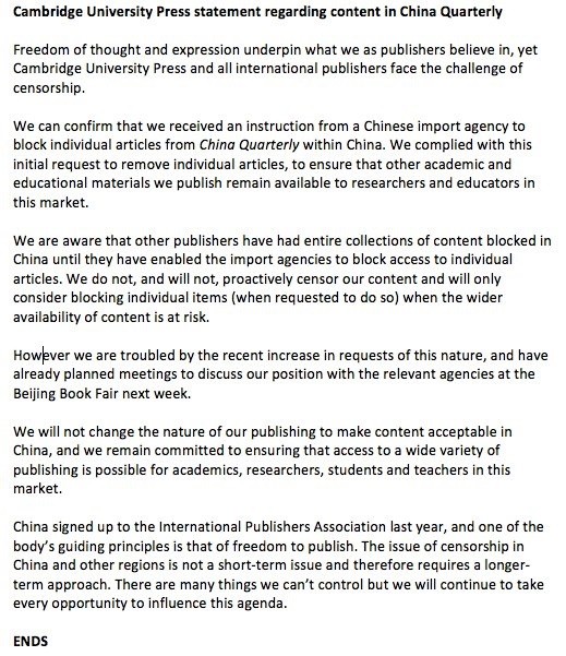劍橋大學出版社近日傳出，被中國國家新聞出版廣電總局要求將300多篇文章刪除，這些文章內容大多涉及天安門、文革、西藏、新疆、香港及台灣等。（圖擷自推特）