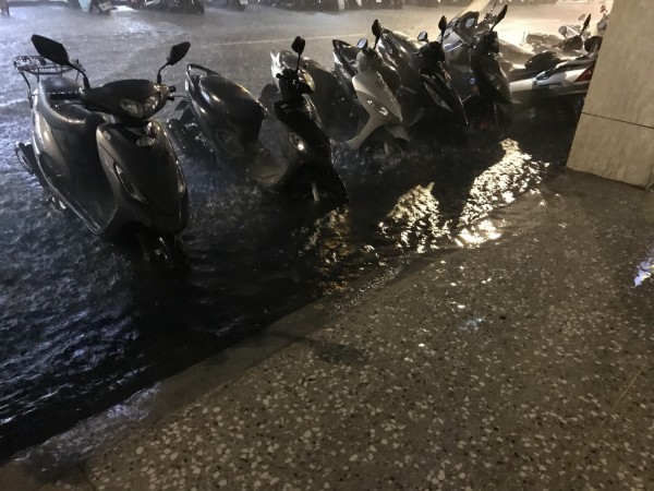 網友說，暴雨下了20分鐘後，中正紀念堂積水就已經淹到小腿。（圖擷取自PTT）