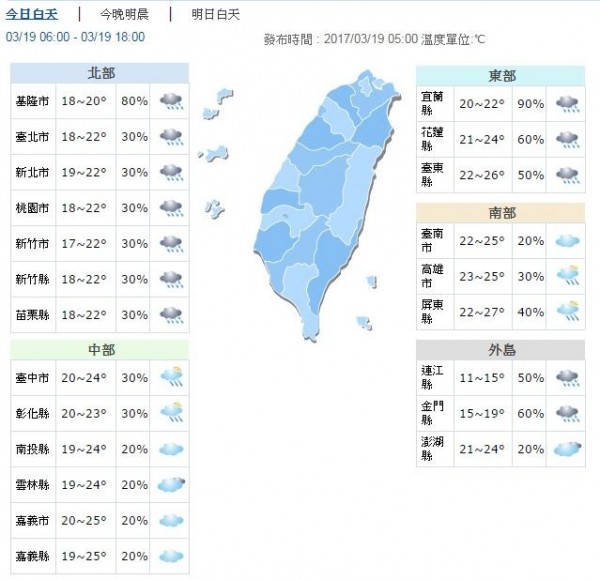 今日天氣預報。(取自氣象局網站)