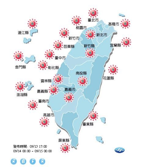 紫外線方面，全台各地均為過量等級。（圖擷取自中央氣象局）